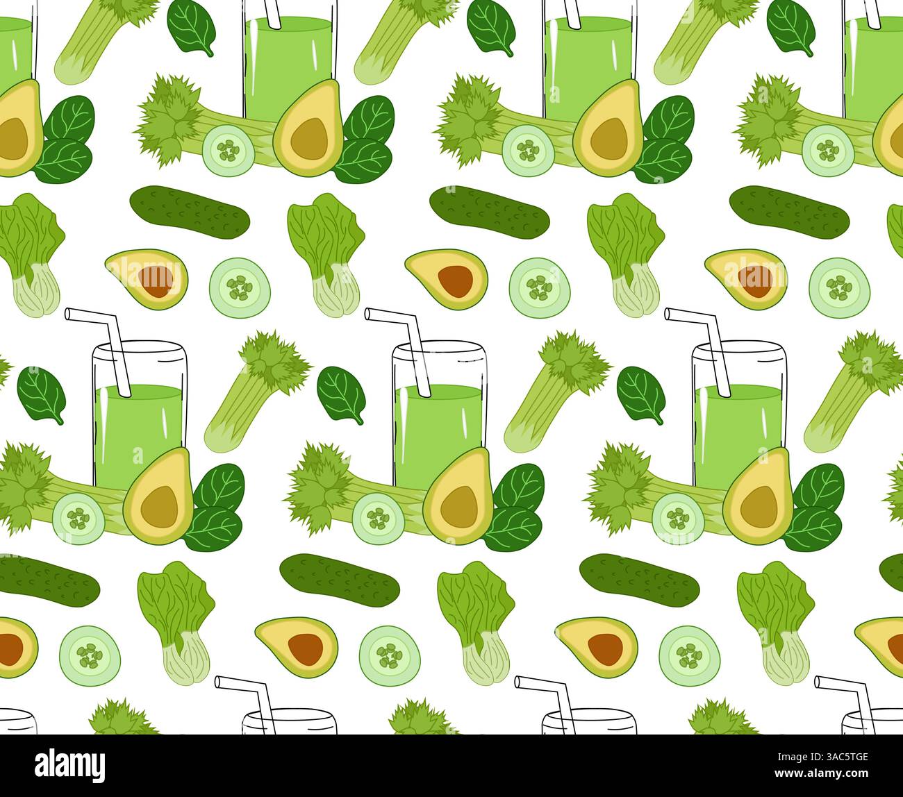 Vegetable green smoothie seamless pattern. Vegetarian grocery vector flat illustration on transparent background. For logo, web, package, sticker. Eat Stock Vector