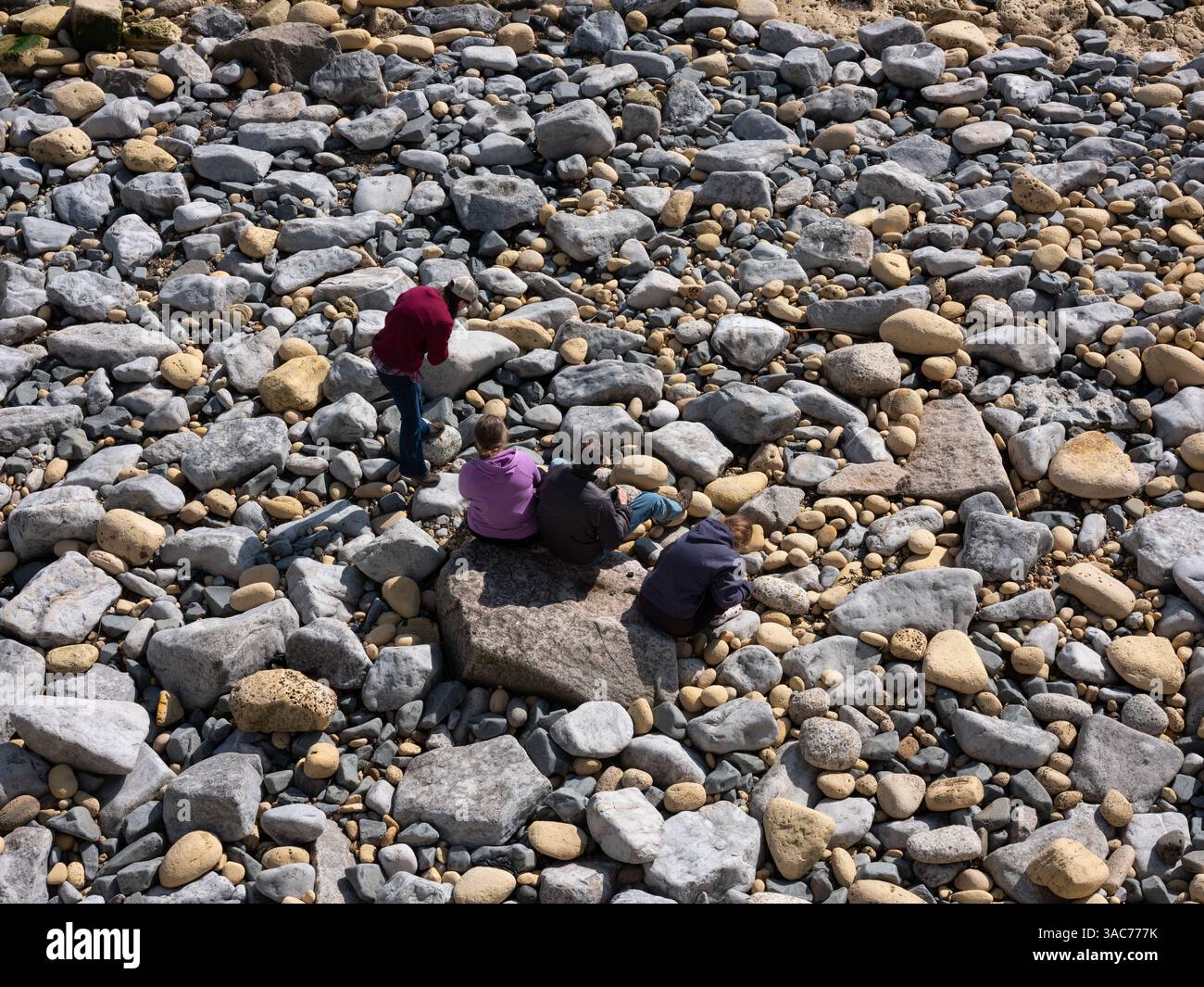A family exploring a beach on Hartlepool Headland in the north east of England. Stock Photo