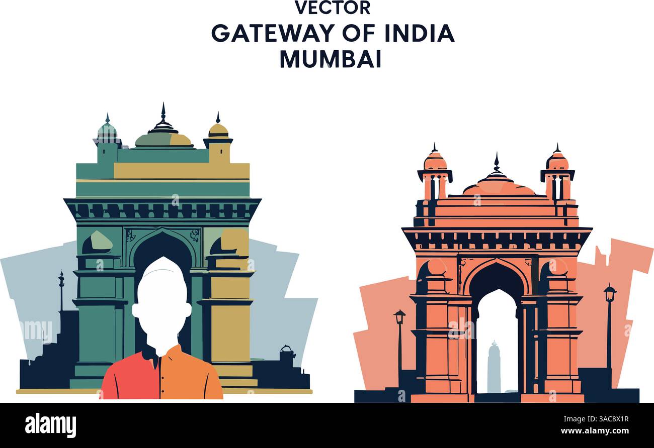 Vector illustration of the Gateway of India in Mumbai with two color variations and a silhouette of a person in front. Stock Vector