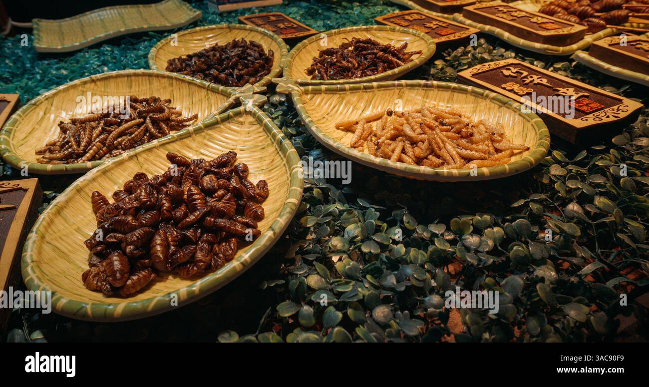 Chengdu Insects Chengdu, Sichuan, China. Insects on sticks at local Chinese market ...