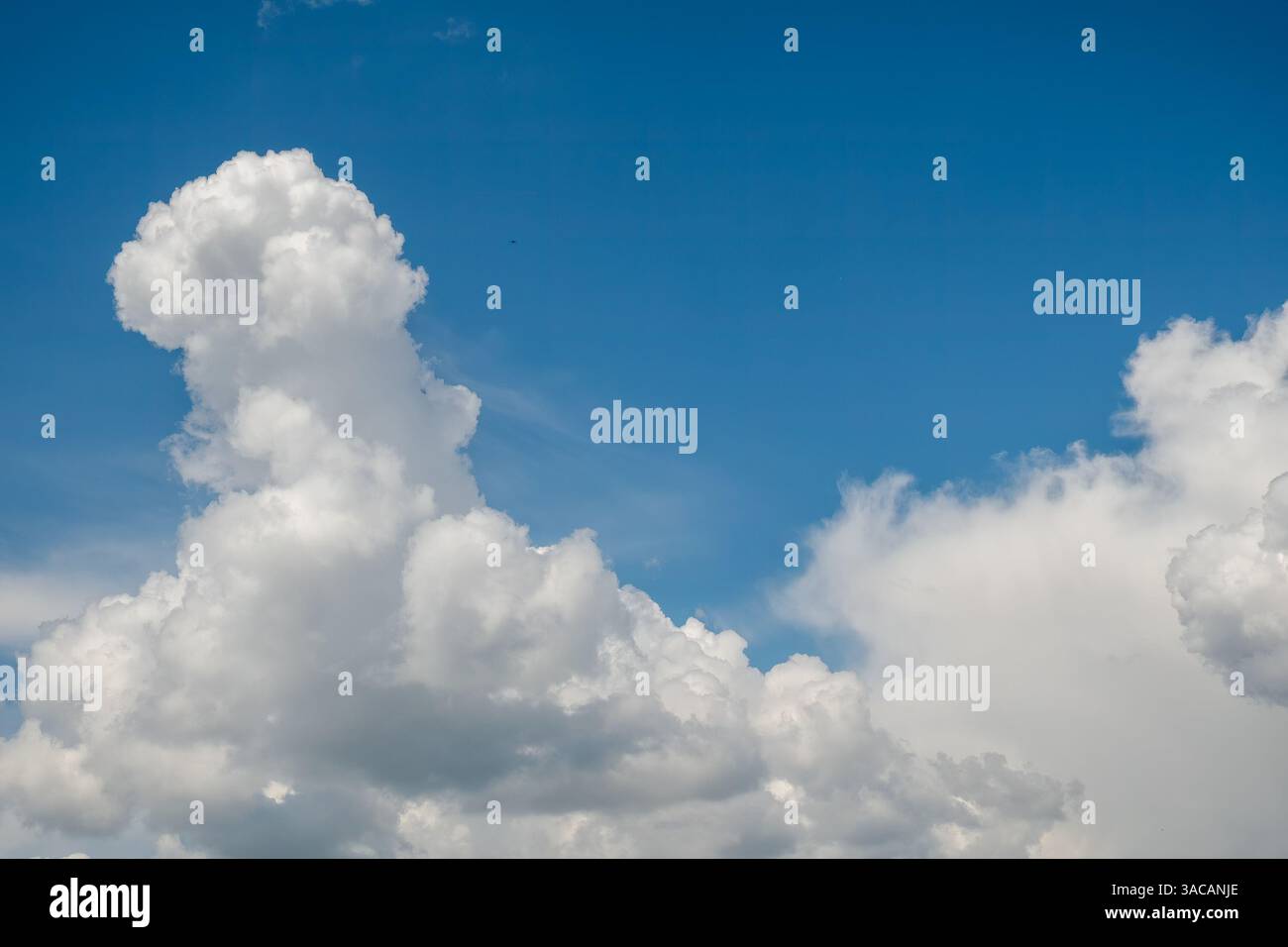 A clear blue sky with fluffy white cumulus clouds scattered across the ...