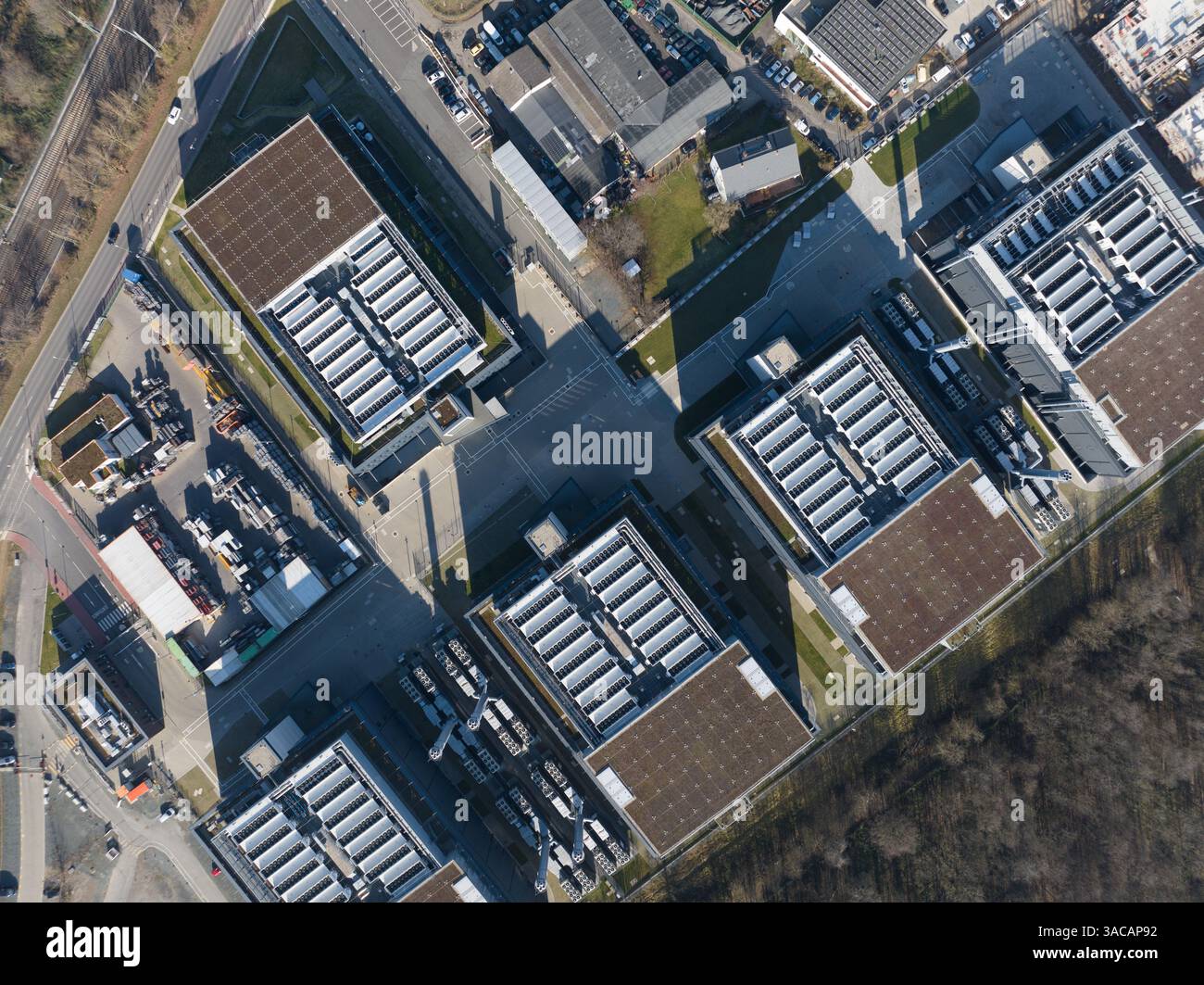 Top down view on data centers, IT, AI, Big data, top down, IT infrastructure. Stock Photo