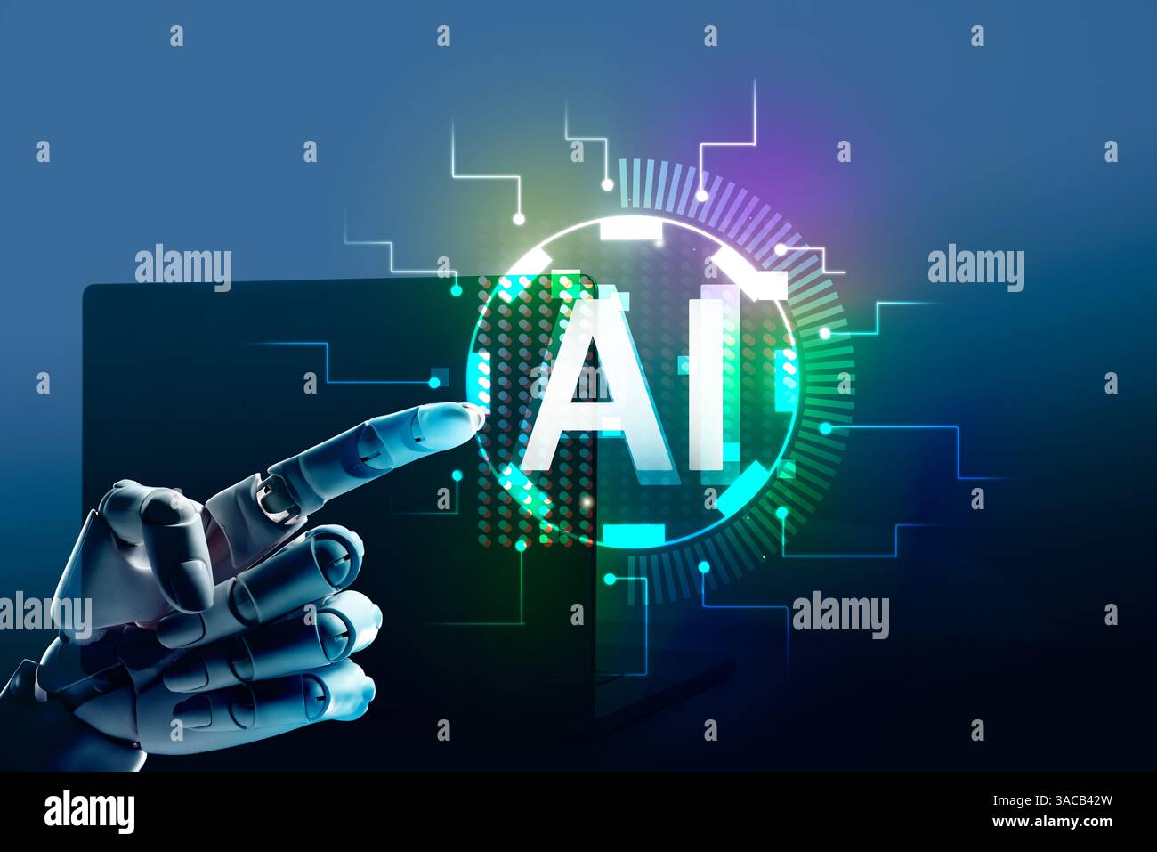 Artificial intelligence. Robot hand touching virtual screen with abbreviation AI on blue gradient background Stock Photo