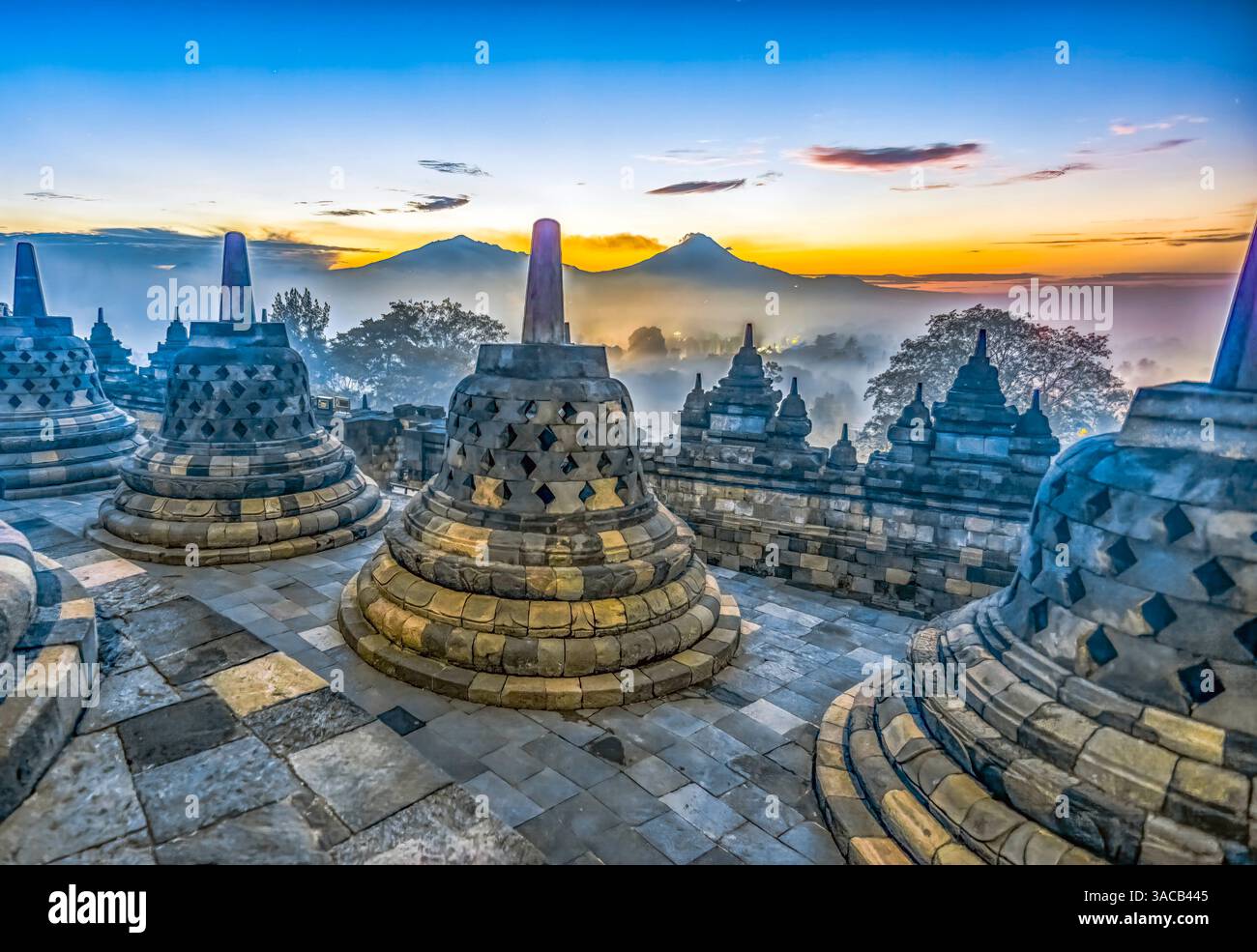 Java, Indonesia, Asia, Wide angle landscape view of sunrise over ...