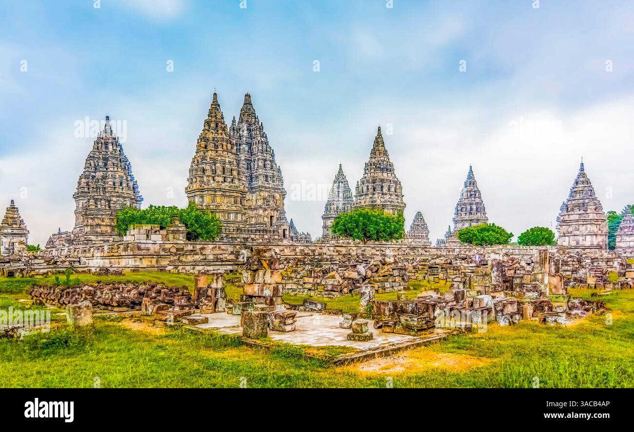 Candi Prambanan, Java, Indonesia. Wide angle landscape view of some of ...