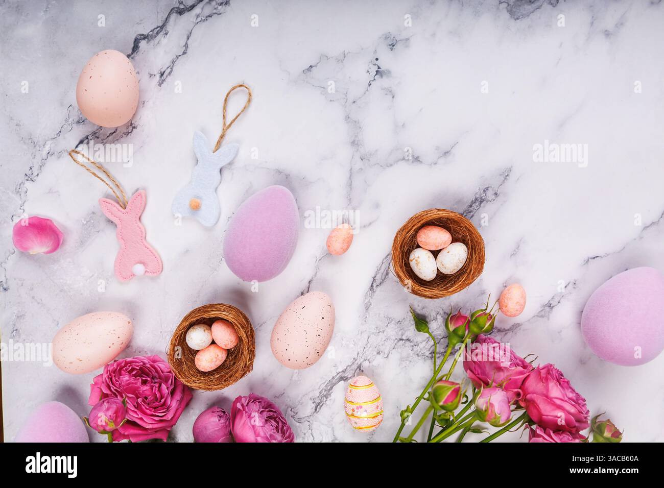 Spring Easter Flat Lay with Flowers and Decorations Stock Photo
