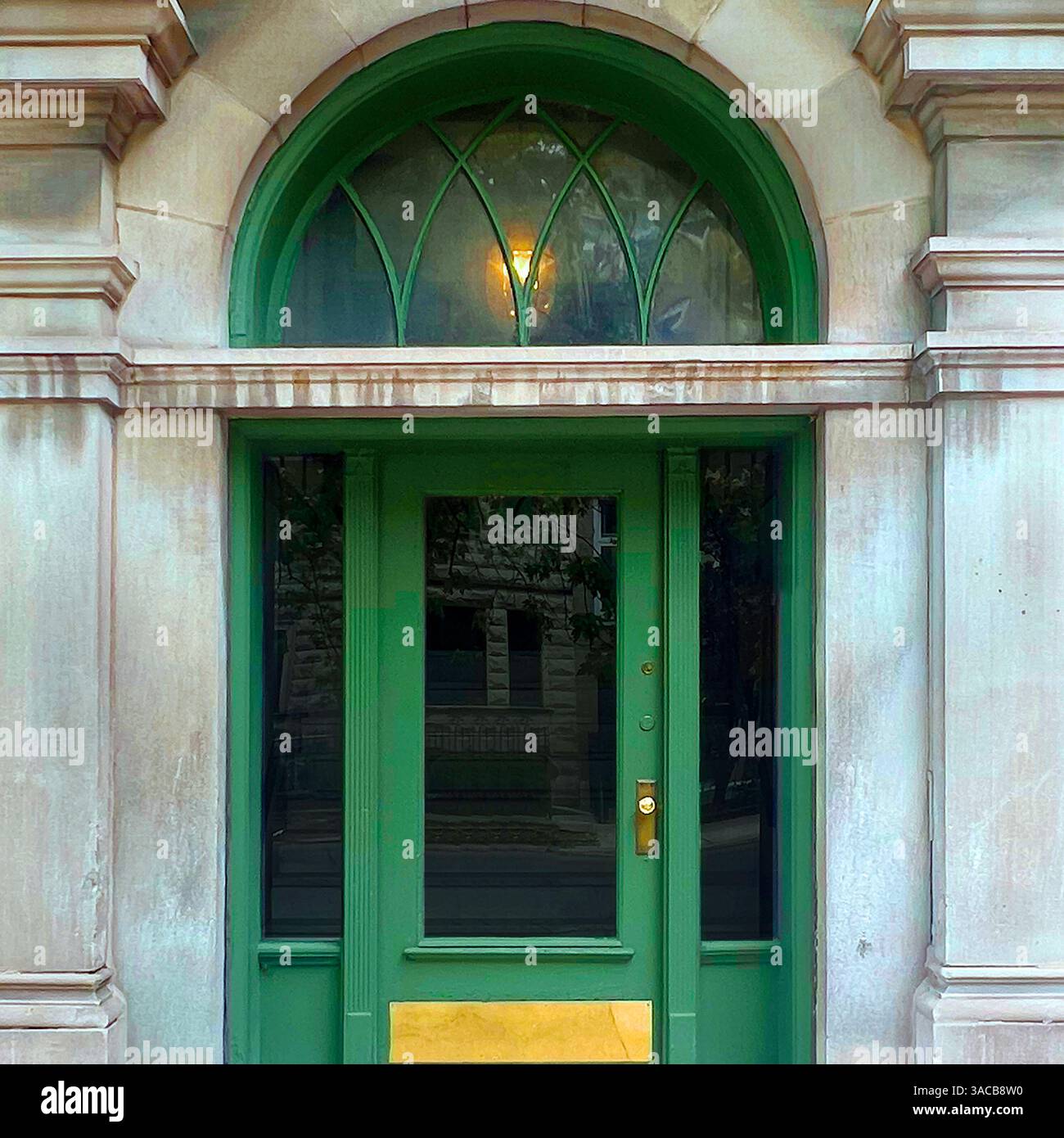 A stately green door with an arched transom and classical stone frame reflects historic charm and architectural elegance on a quiet Chicago street. - Smartphone Captured Stock Image
