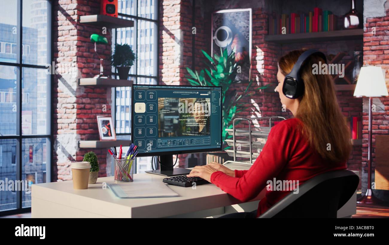 Software developer at home office coding on desktop using AI powered script, building an interface and implementing programming language algorithms. Engineer uses text to code. Camera B. Stock Photo