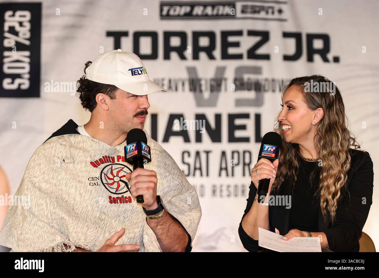 April 3, 2025: (R-L) Top Rank commentator Crystina Poncher interviews ...