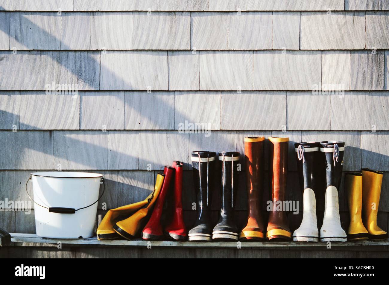 Brightly colored rubber boots are arranged neatly on a shelf against a textured wooden wall. A white bucket sits among the boots, suggesting coastal a Stock Photo