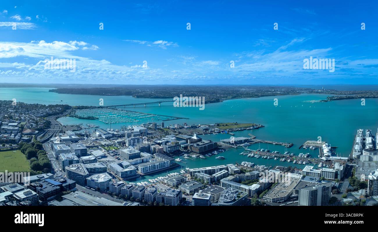 Scenic panoramic views of Auckland skyline and financial downtown city center. Stock Photo