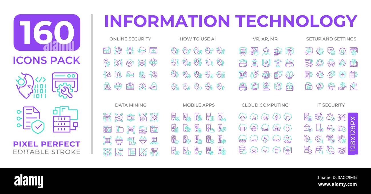Information technology two color line icons set collection Stock Vector
