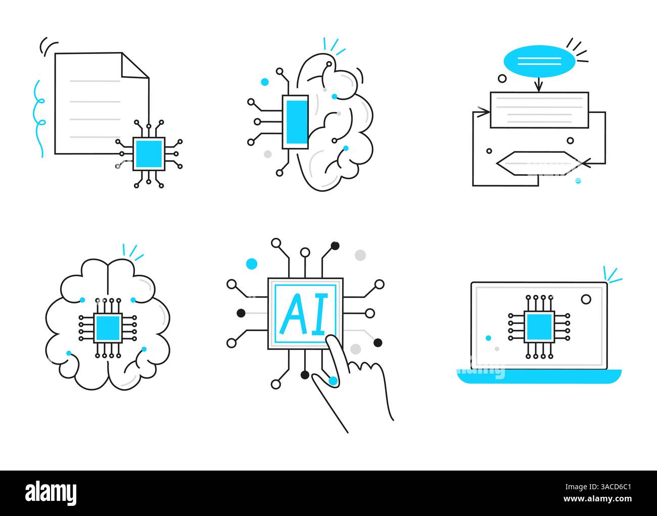 Artificial intelligence, including cybernetics, machine learning, robotics icons set, line vector. AI problem-solving, algorithms, and AI technology Stock Vector