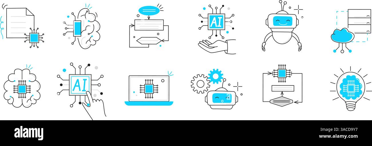 Artificial intelligence, including cybernetics, machine learning, robotics icons set, line vector. AI problem-solving, algorithms, and AI technology Stock Vector