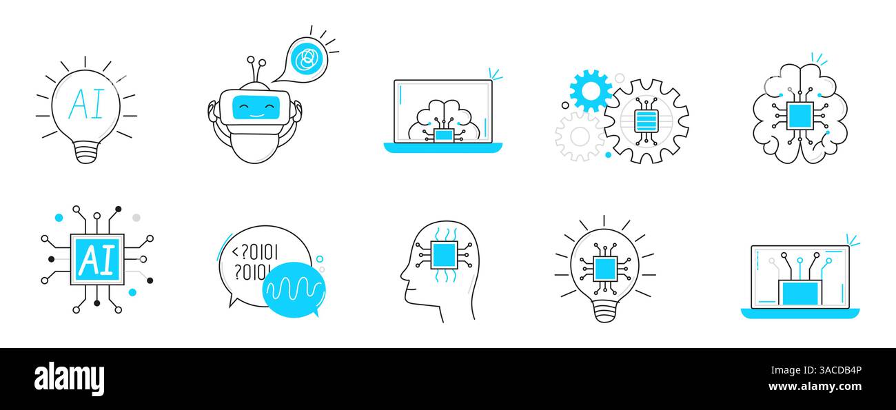Line icons representing various aspects of artificial intelligence AI, including cybernetics, machine learning, robotics, AI problem-solving Stock Vector