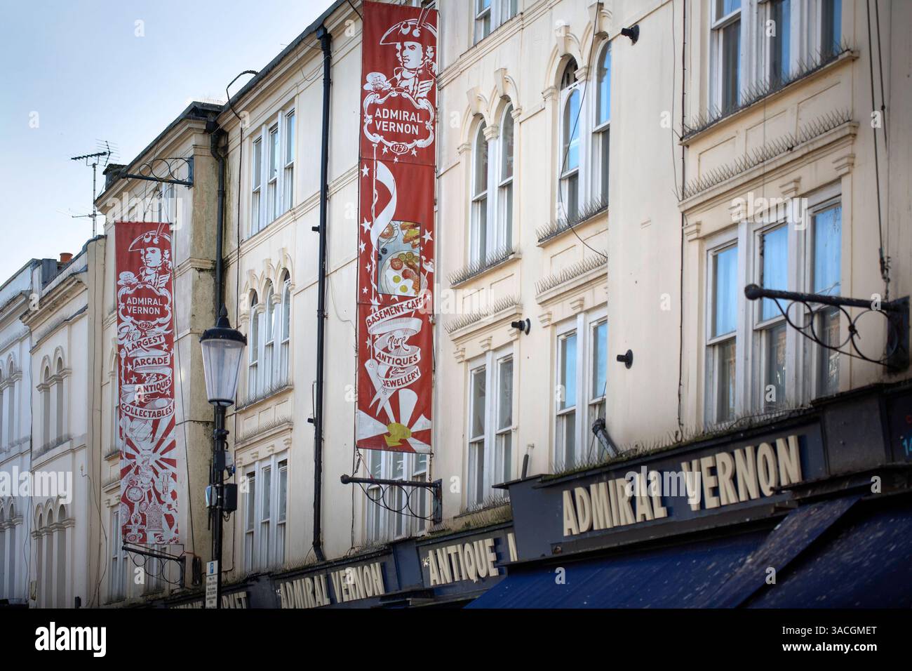 LONDON, UK - MARCH 29, 2025:  Banner  signs for Admiral Vernon Arcade in  Portobello Road Antiques Market Stock Photo