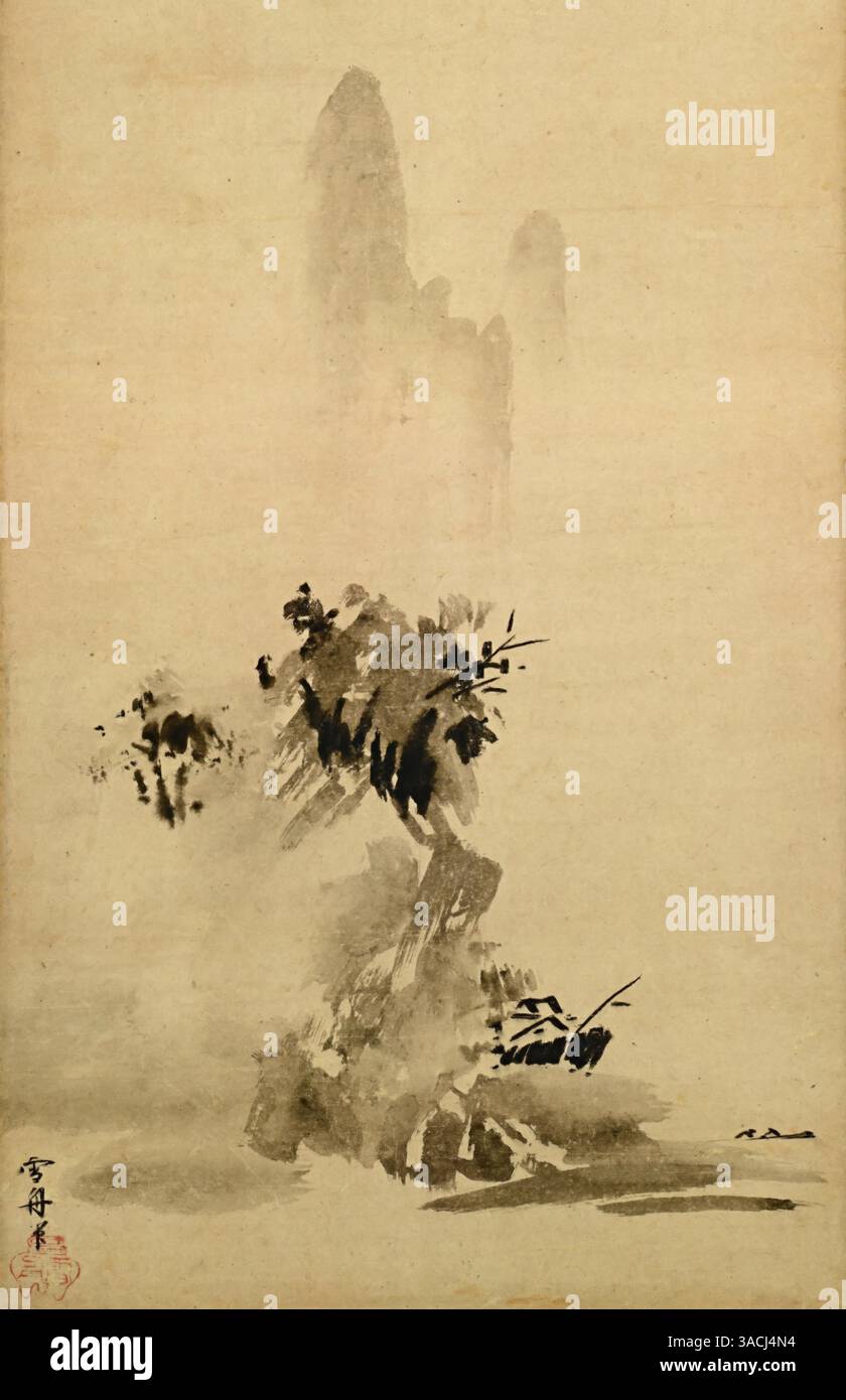 哲雄在名 絹本彩色画 山水図 収納箱在 軸先骨 哲雄在名 絹本彩色画 山水図 収納箱在 軸先骨