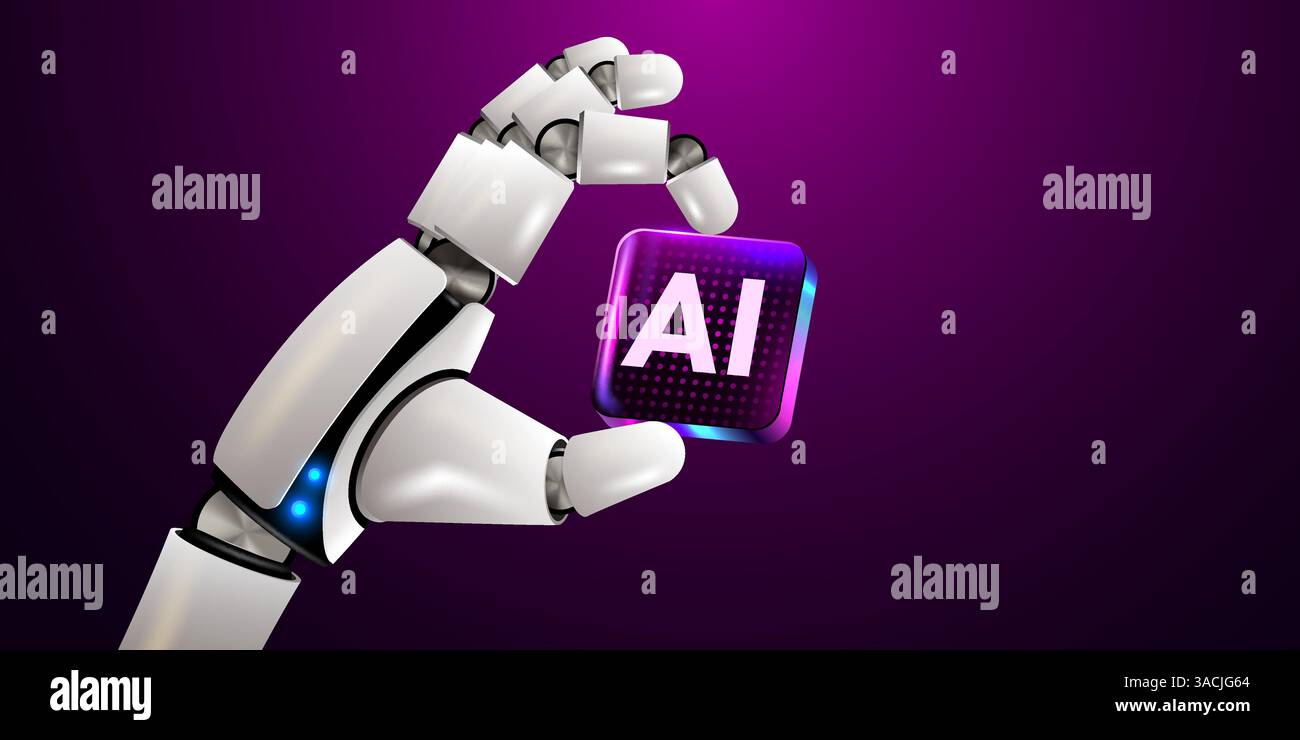 Robot hand holding processor. Technology, machine learning, neural network, Artificial Intelligence, AI. Vector illustration Stock Vector