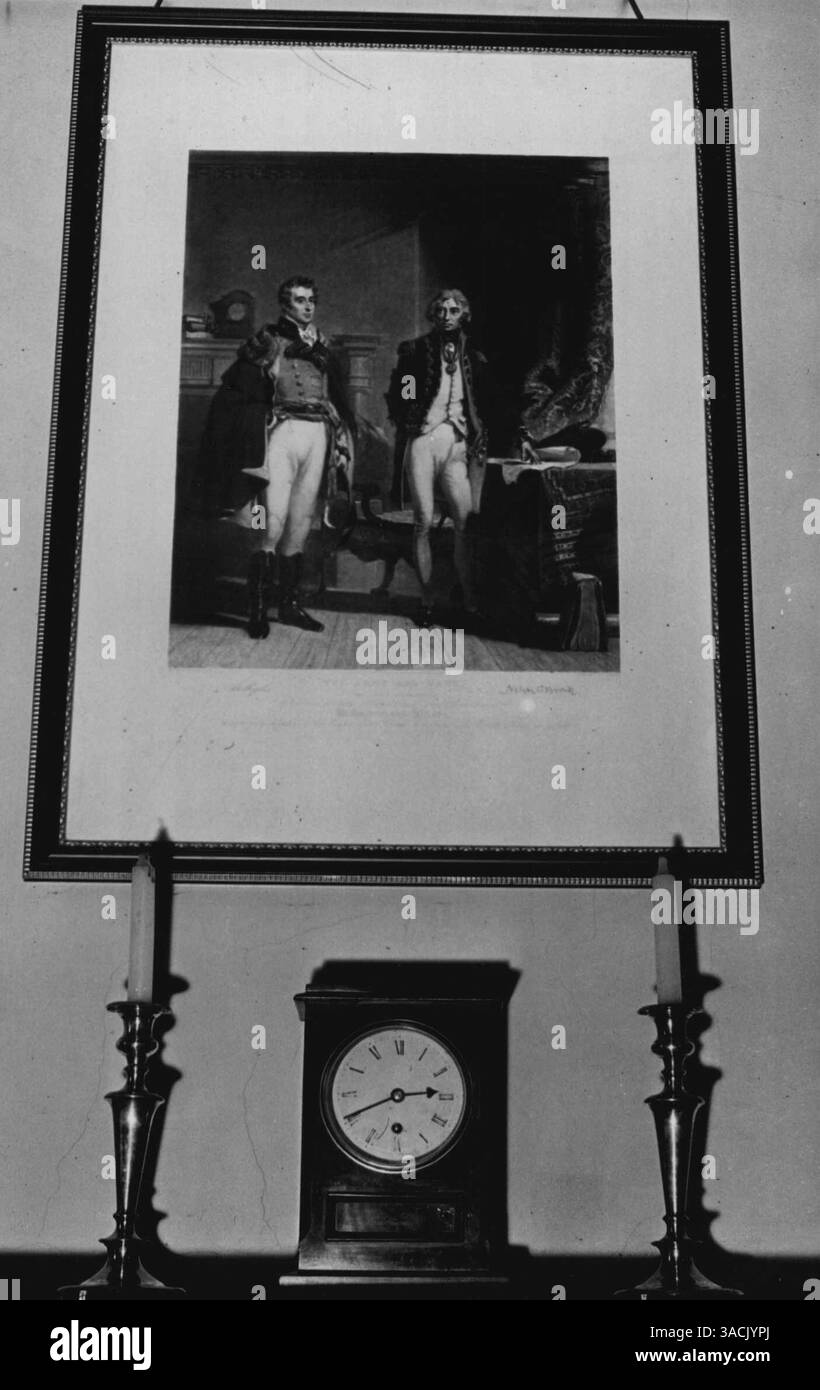 The Colonial Office - The engraving of a painting illustrating this famous meeting of Nelson and Wellington in front of the fire-place which is now in Lord Cranborne's room in the Colonial Office. April 10, 1951. Stock Photo