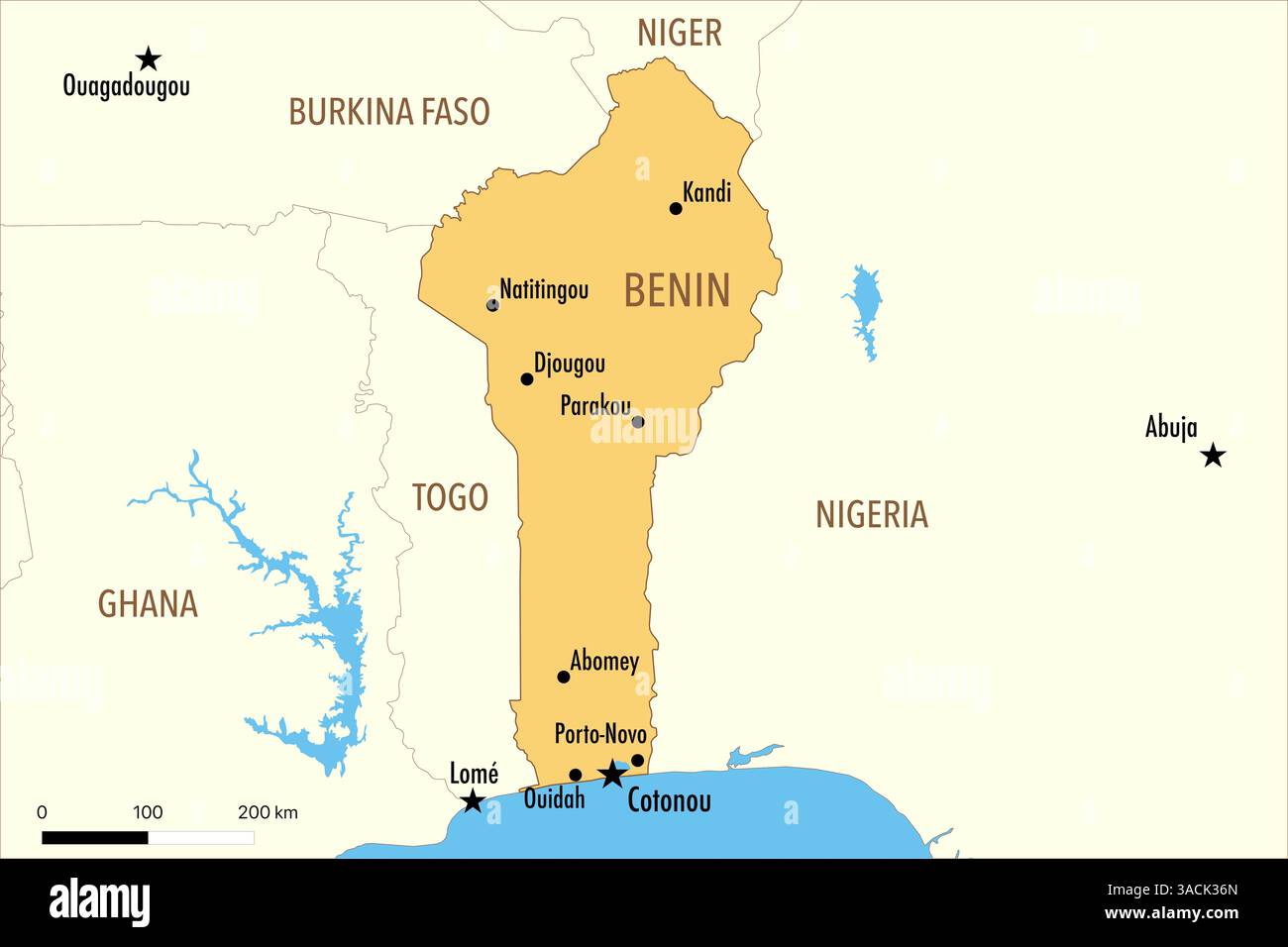 Map of Benin with Major Cities and Neighboring Countries Stock Photo