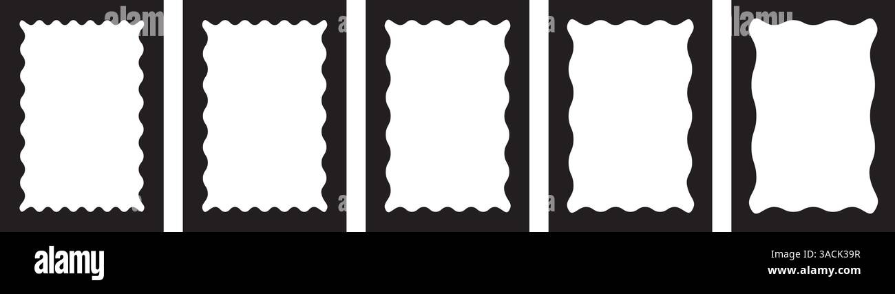 Rectangle frames with wavy and zigzag edges set. Squiggle photo borders. Stock Vector