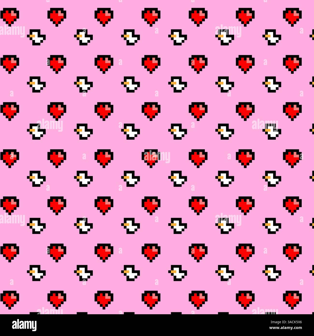 Pink background with pixelated red hearts and white ducks pattern Stock Vector