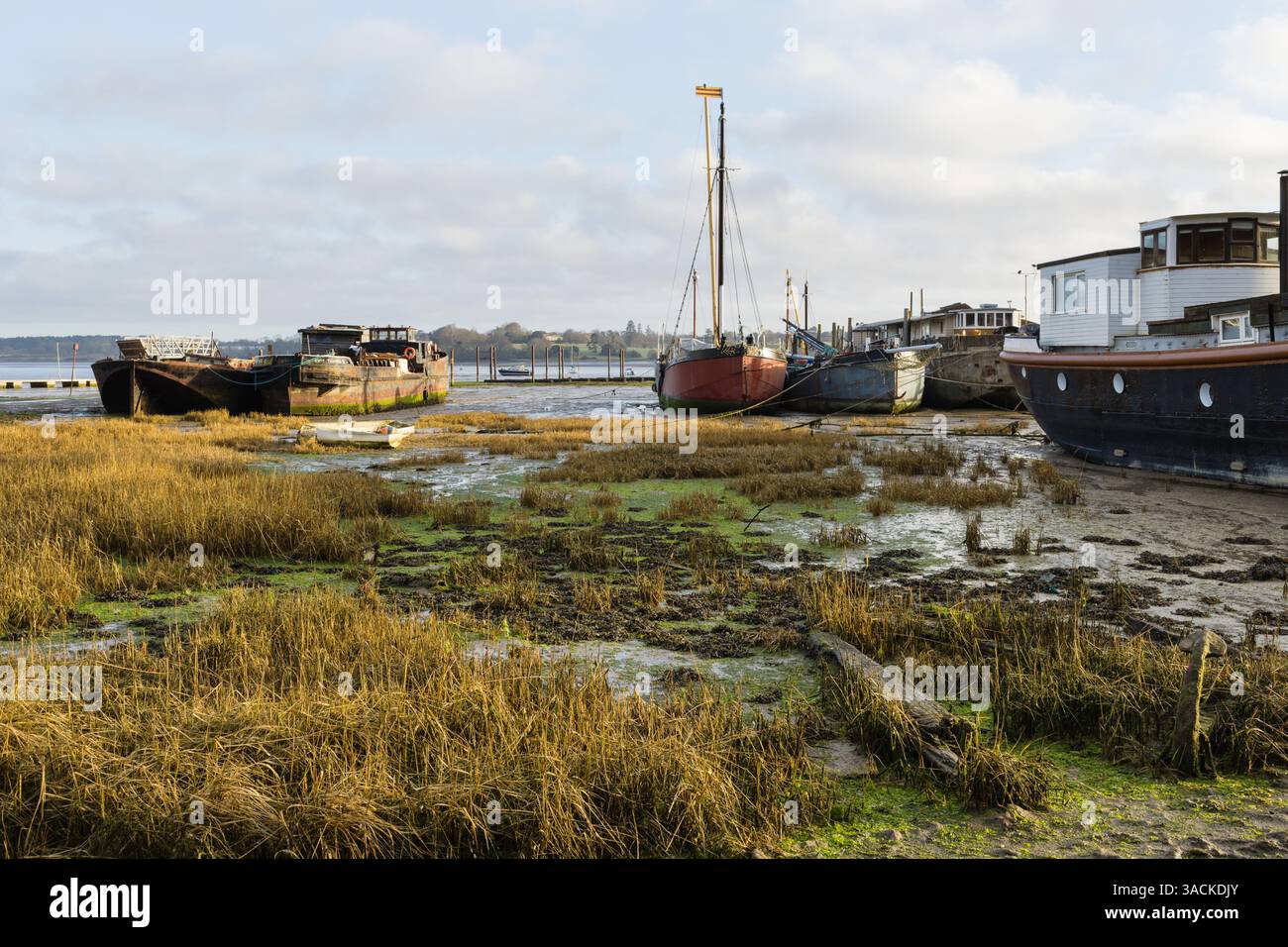 Yacht and House boats on the River Orwell estuary at Pin Mill, Suffolk Stock Photo