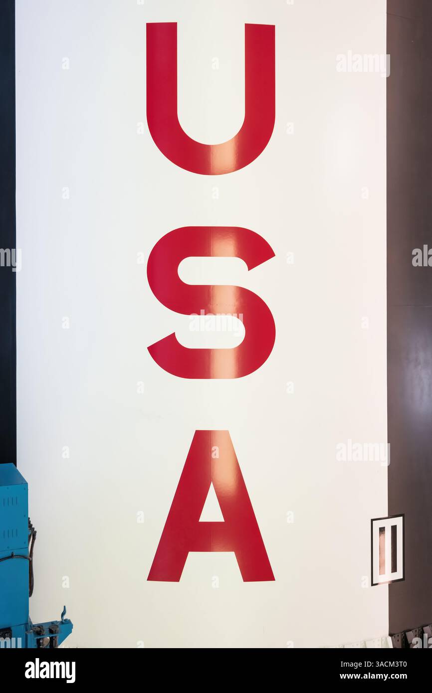 USA abbreviation on an Apollo program rocket on display in Rocket Park ...