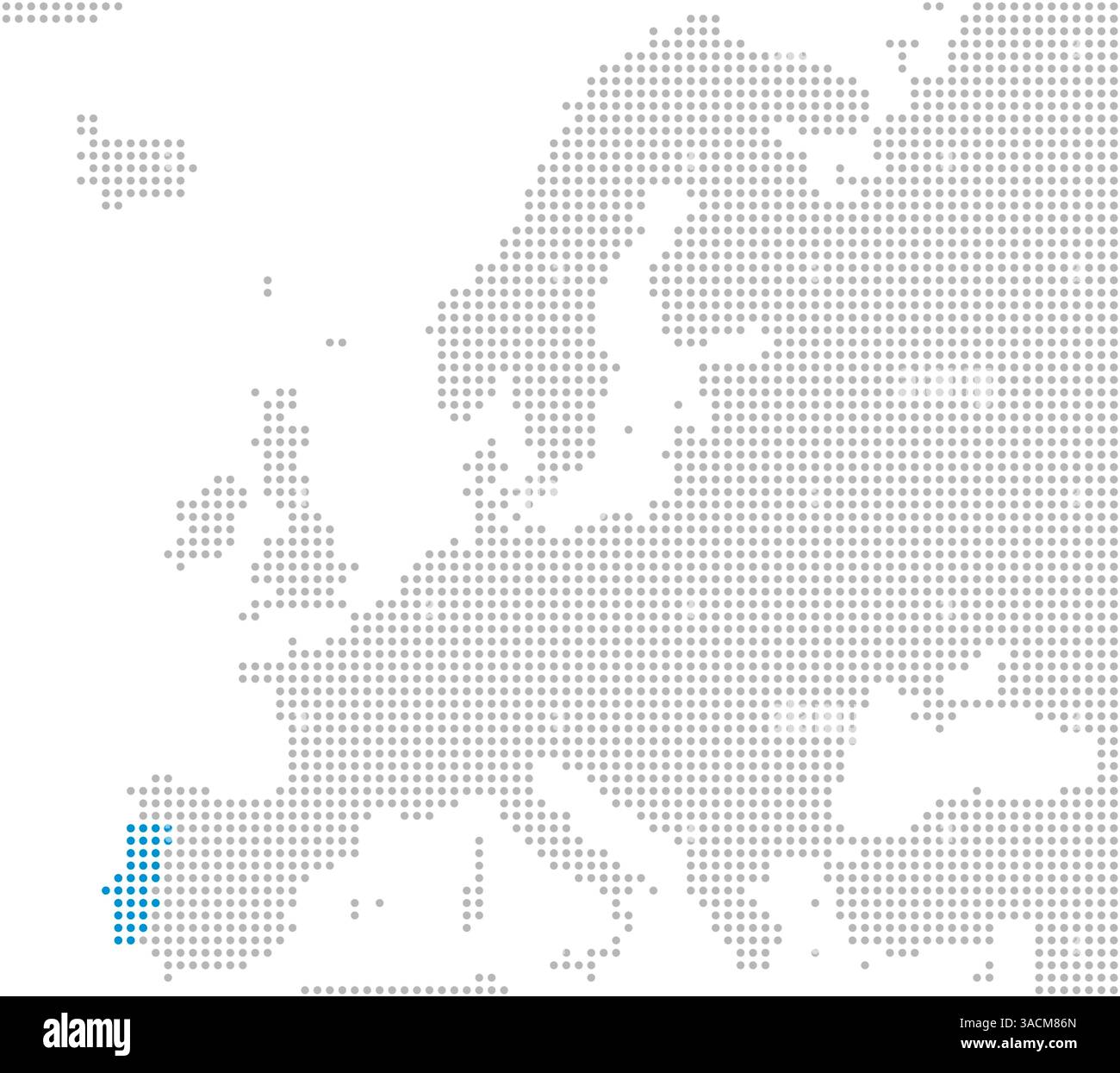 Marking of Portugal on a map of Europe with gray dots Stock Photo