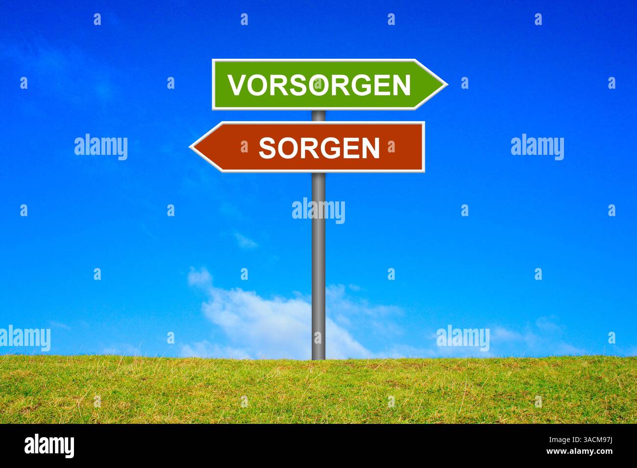 Signpost on a green meadow points in the direction of provisions and worries Stock Photo