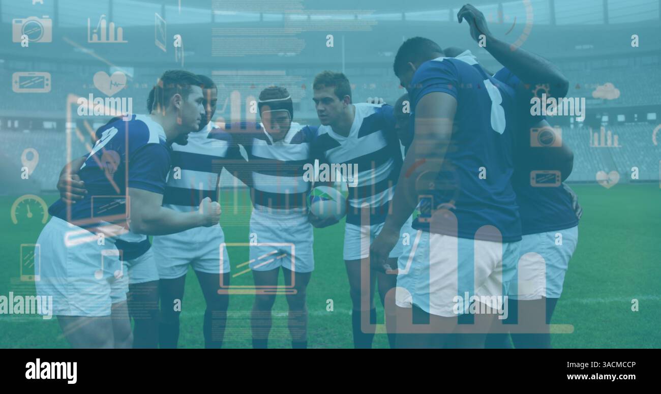 Image of statistics and icons over rugby players Stock Photo - Alamy