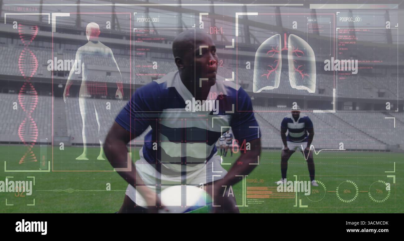 Image of digital interface with medical data processing over rugby players Stock Photo