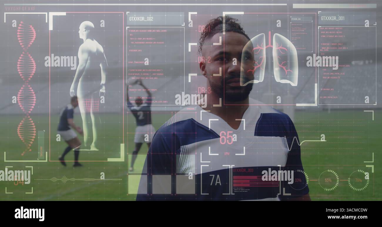 Image of digital interface with medical data processing over rugby players Stock Photo