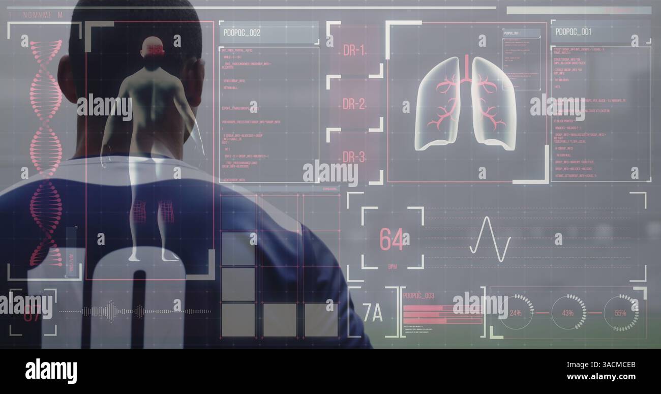 Image of digital interface with medical data processing over rugby players Stock Photo