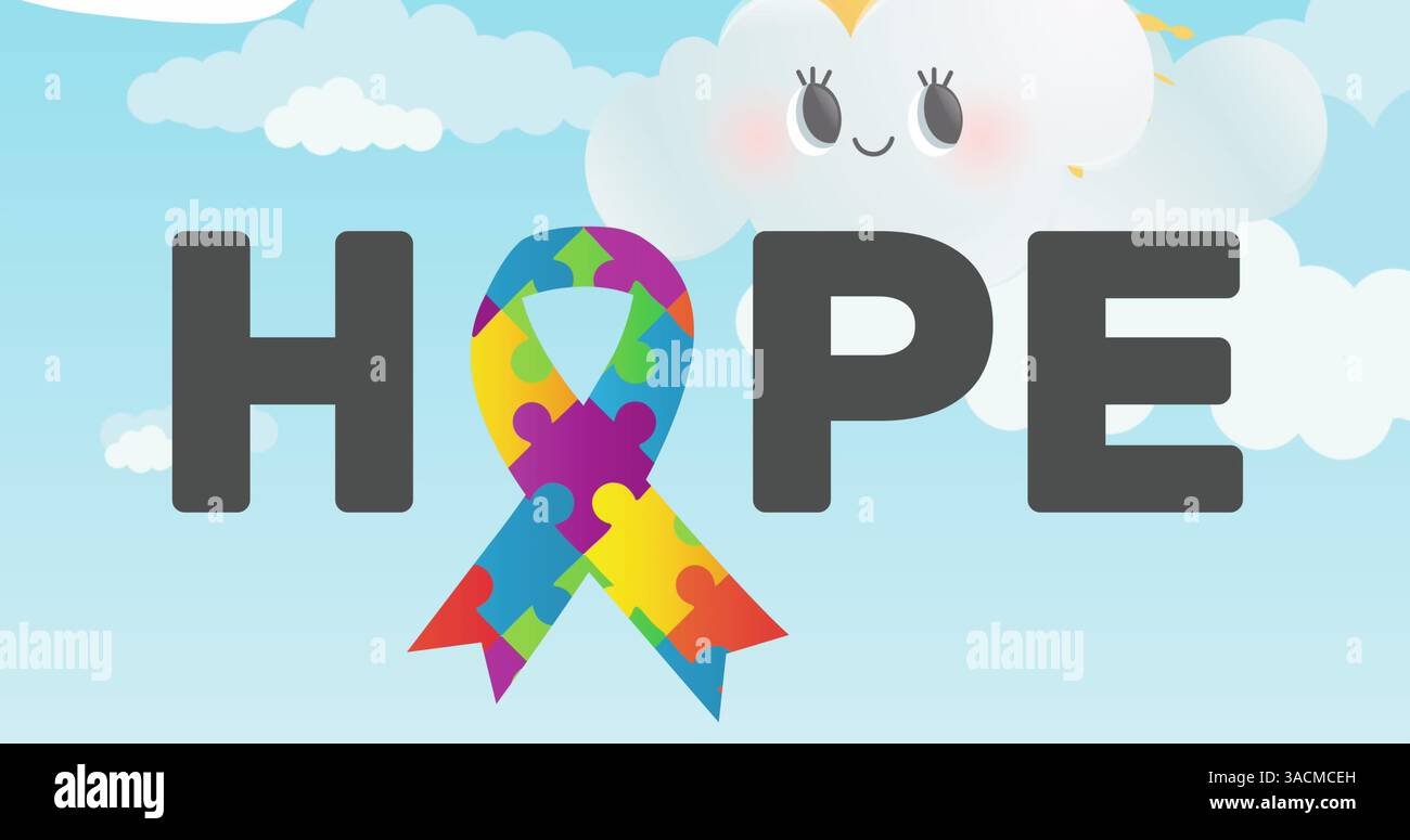 Image of colourful puzzle pieces forming ribbon and hope text over sky Stock Photo