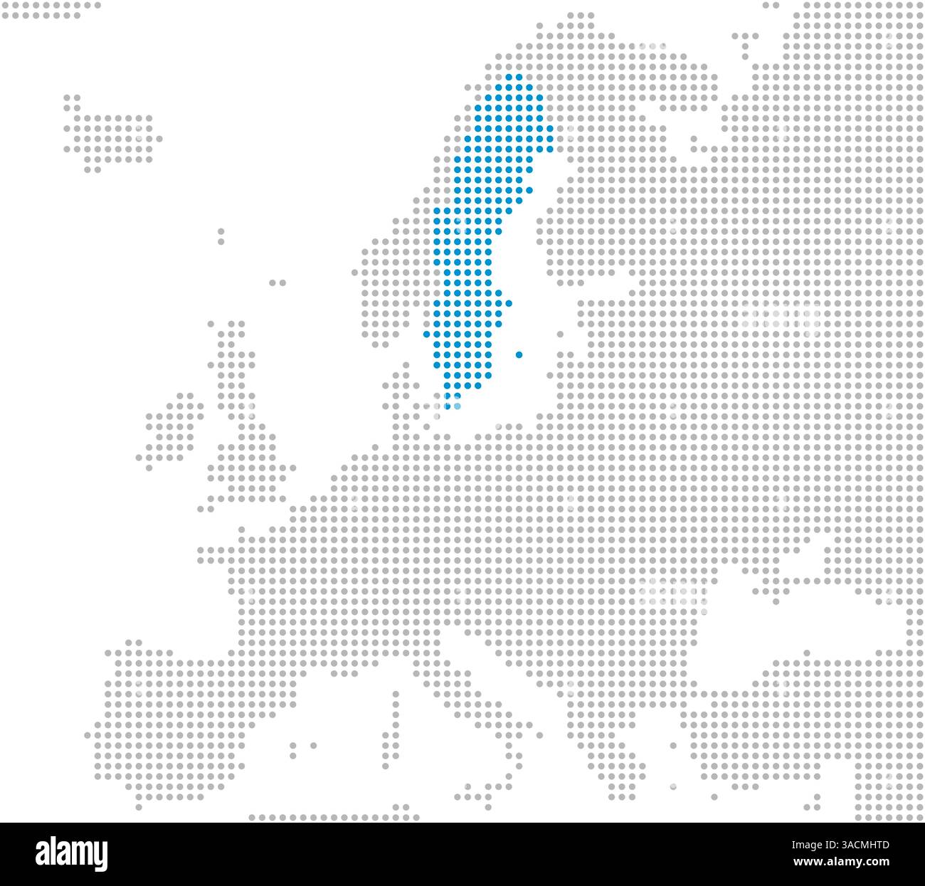 Marking of Sweden on a map of Europe with gray dots Stock Photo