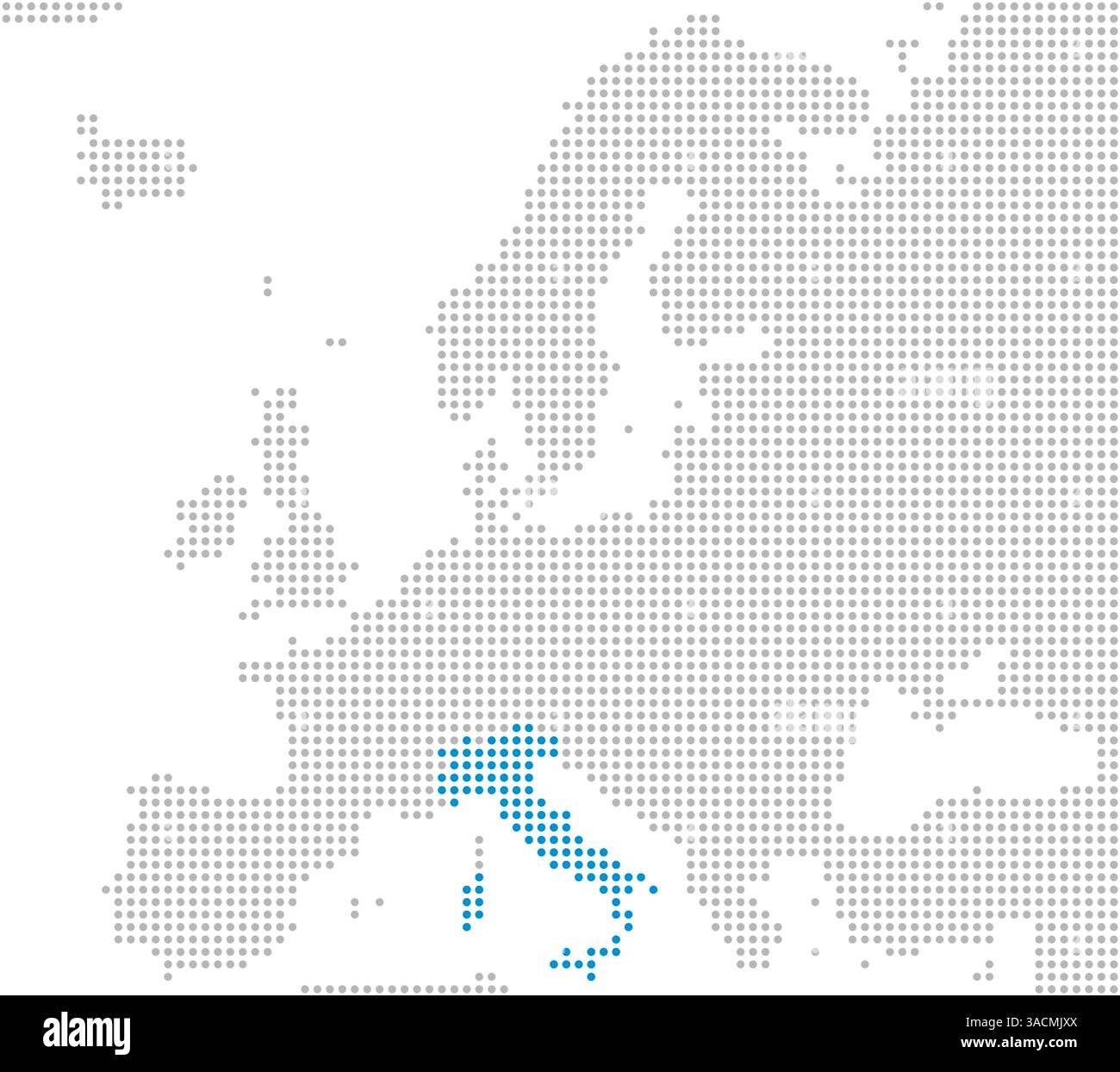 Marking of Italy on a map of Europe with gray dots Stock Photo