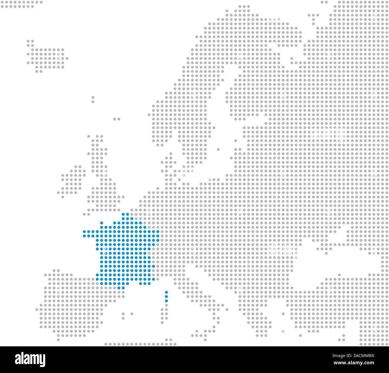 Marking ofFrance on a map of Europe with gray dots Stock Photo