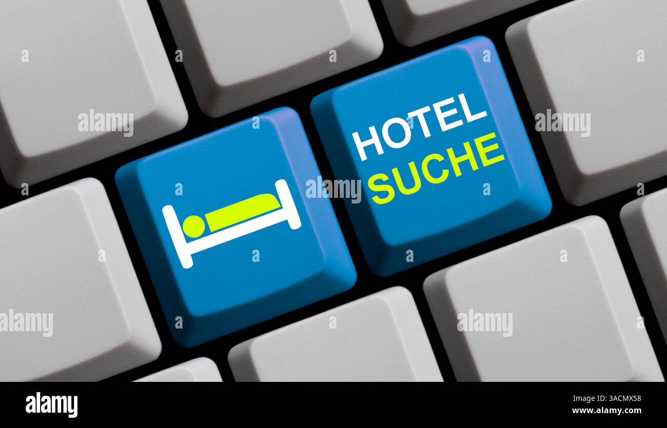 Blue computer keyboard with symbol shows hotel search Stock Photo - Alamy