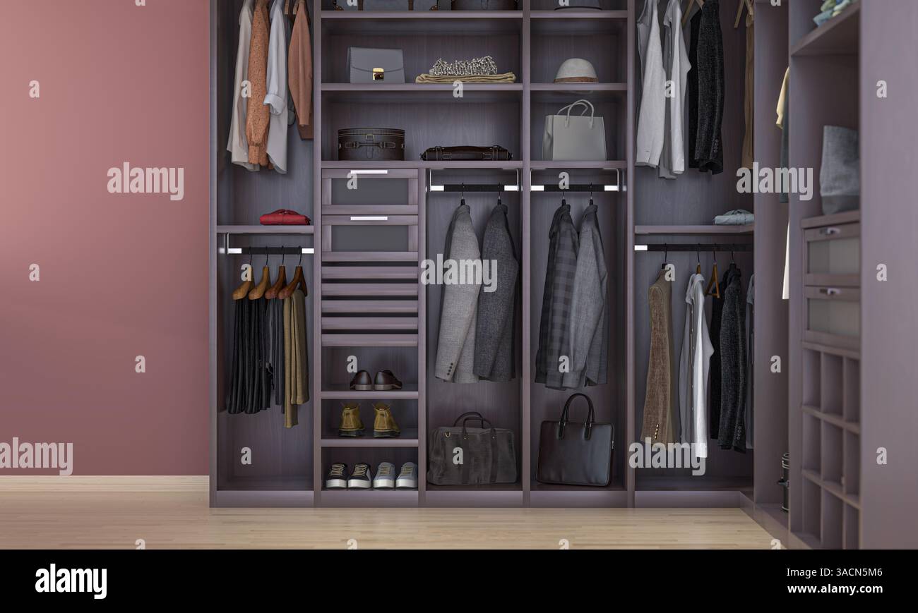 Modern walk in closet organizing clothes, shoes, and accessories 3d Stock Photo