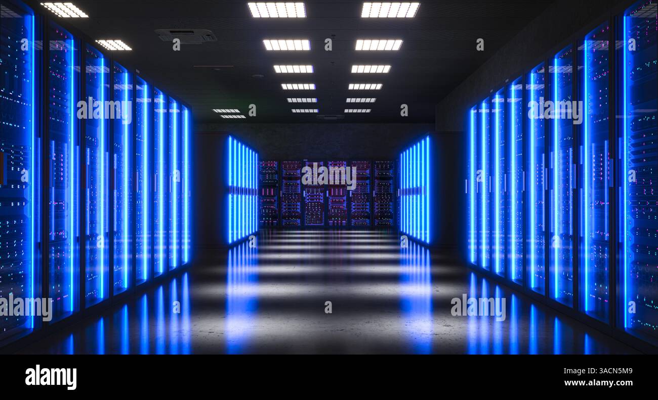 Modern data center with server racks emitting blue light, 3d background Stock Photo