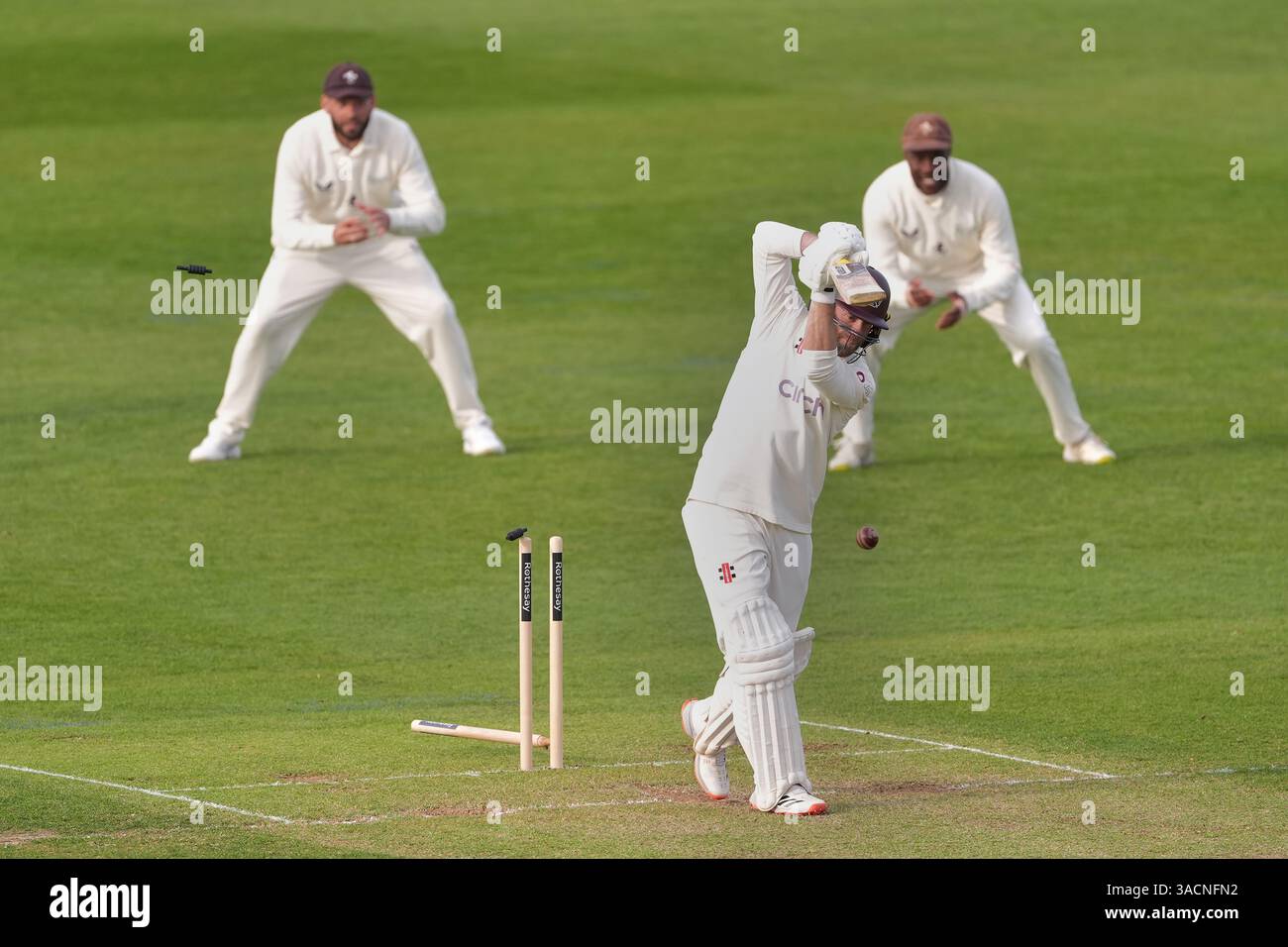 Northamptonshire's Luke Procter is bowled out by Kent's Grant Stewart ...