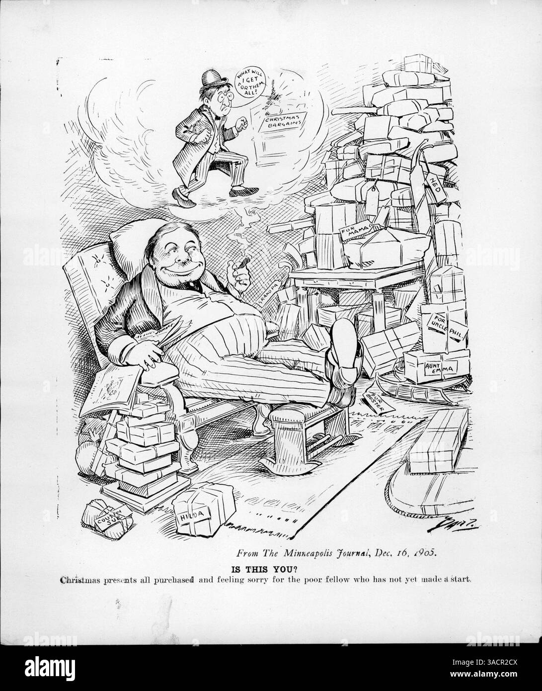 This image shows a man sitting at home next to a pile of gifts, thinking of another man shopping for Christmas bargains. The caption reads, 'Christmas presents all purchased and feeling sorry for the poor fellow who has not yet made a start.' Stock Photo