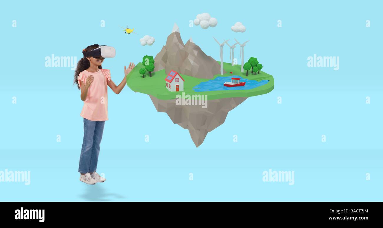 Using VR headset, child exploring virtual reality island in school environment Stock Photo