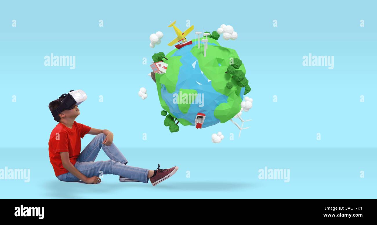 Boy using VR headset exploring virtual world with floating 3D globe Stock Photo