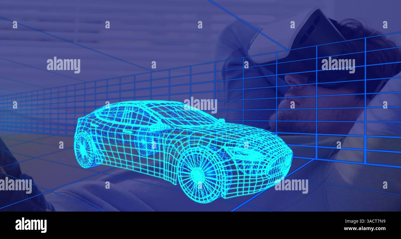 Image of 3d technical drawing of car, over man at home wearing vr headset Stock Photo