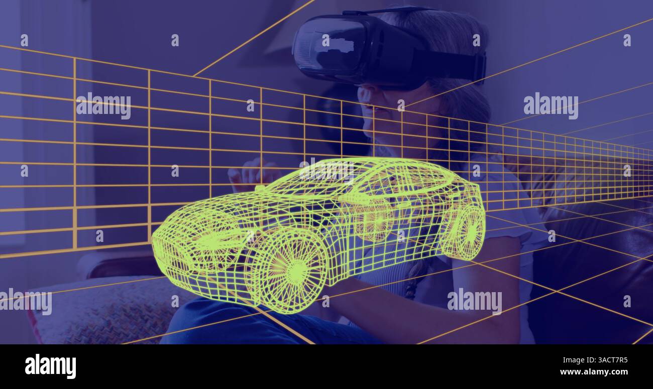 Image of 3d technical drawing of car, over woman at home wearing vr headset Stock Photo