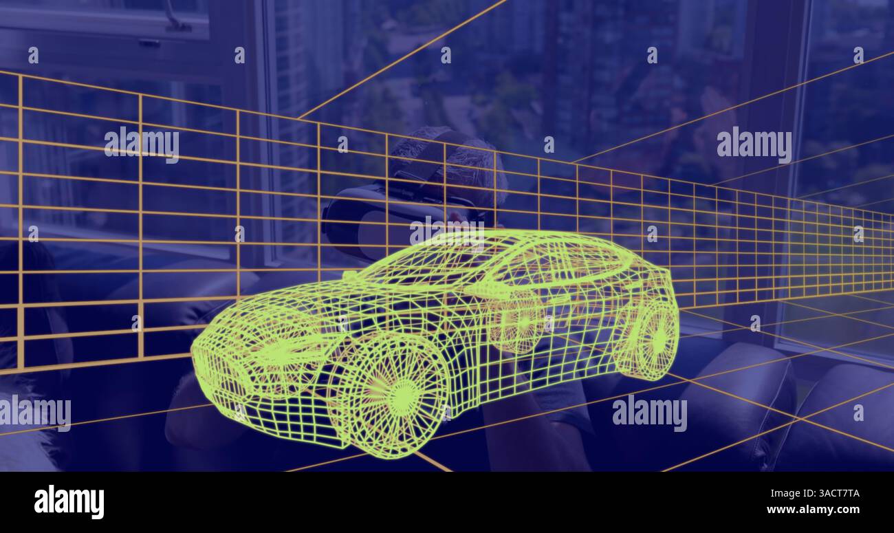 Image of 3d technical drawing of car, over man at home wearing vr headset Stock Photo