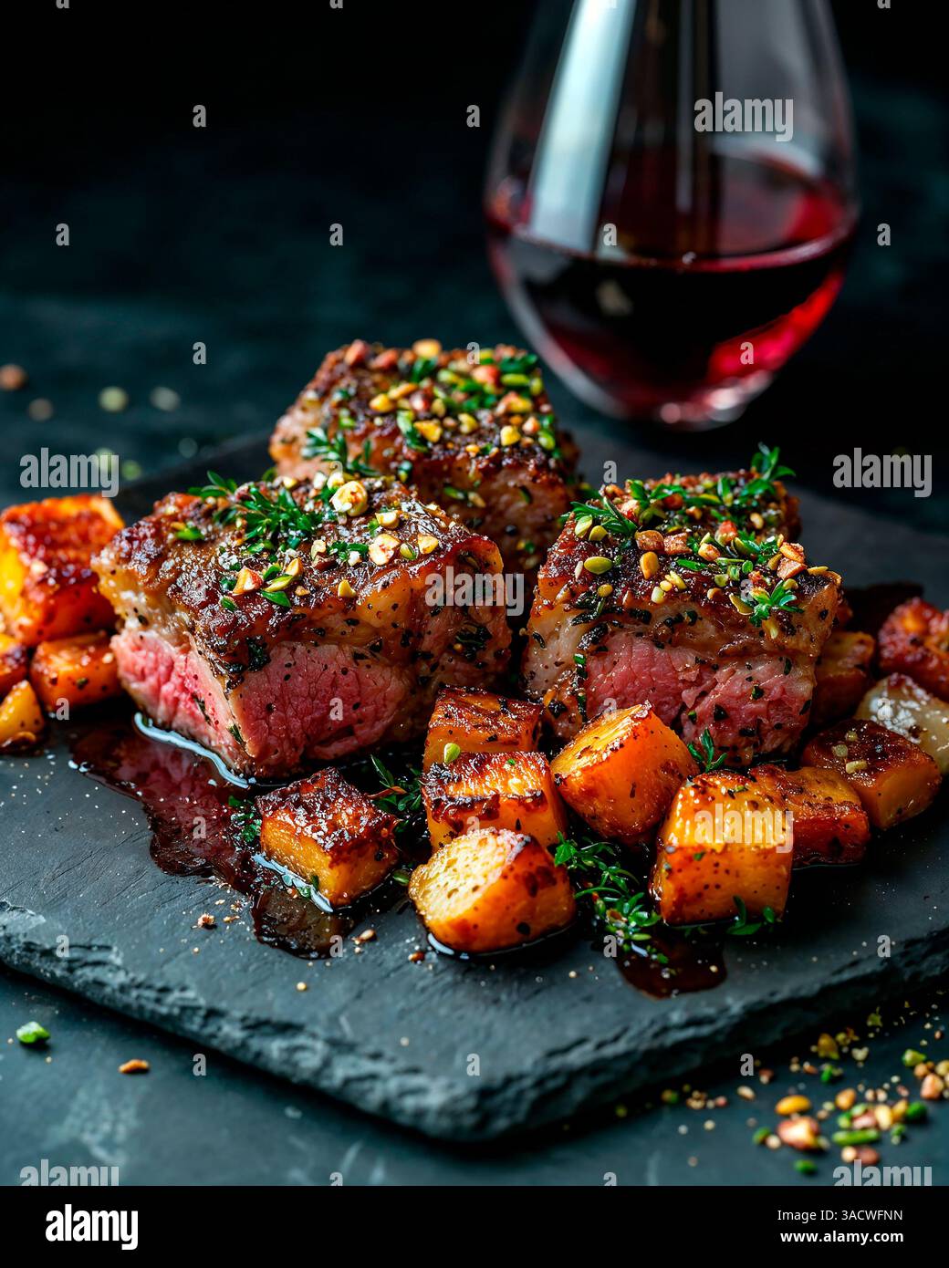 Gourmet Angus Steak with Roasted Potatoes and Red Wine Stock Photo