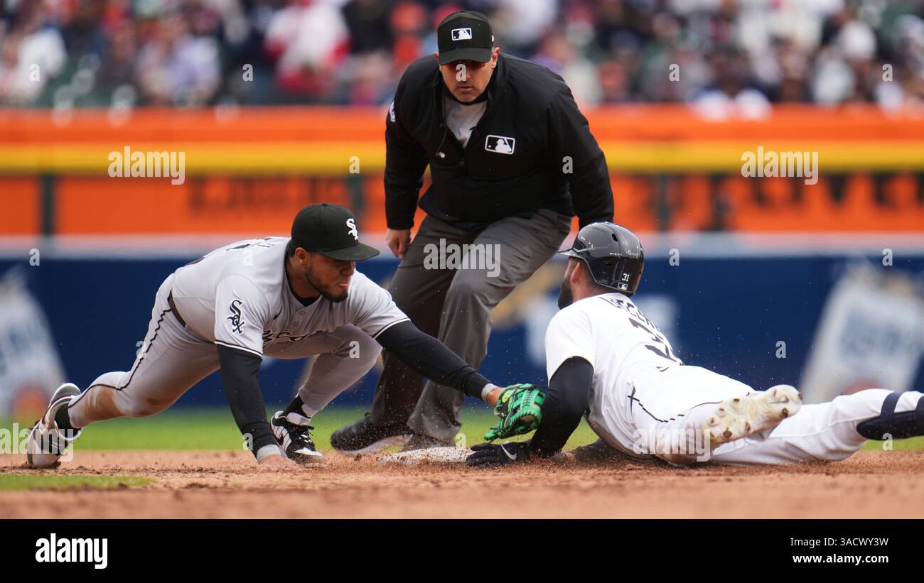 Detroit Tigers' Riley Greene, right, slides safely into second base for ...